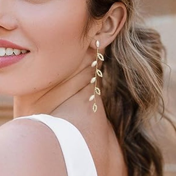Vine Leaves Rhinestone Pave Crystal Pearl Gold Leaf Earrings Bridal Long Bride - Picture 2 of 6